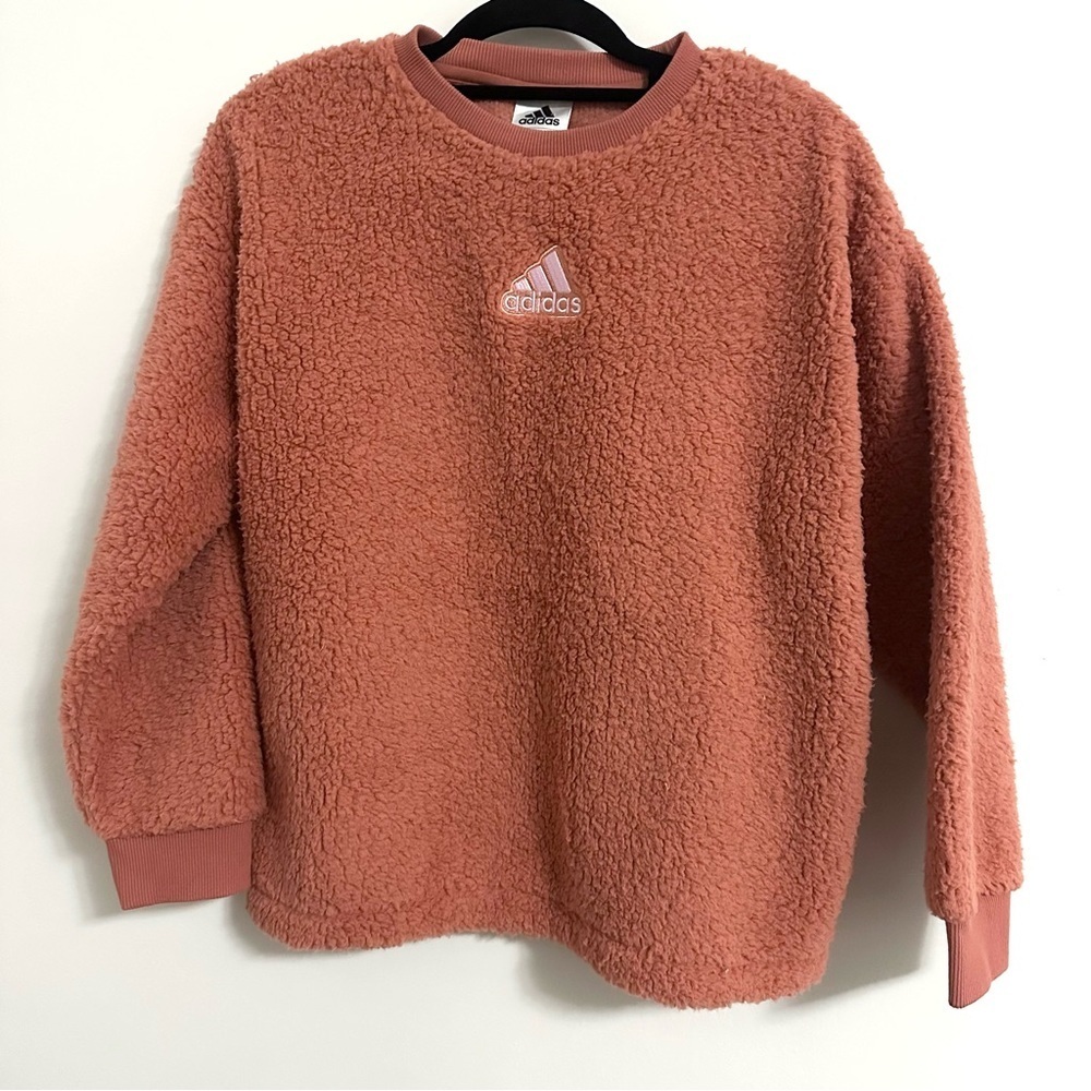 NWT Adidas Girls Sherpa Crew Neck Sweater Pink/Coral Girls 14